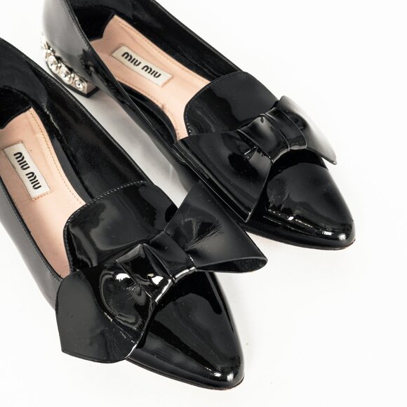 Miu Miu Black Patent Jewel-Heel Bow Pointed-Toe Flats - Picture 7 of 11